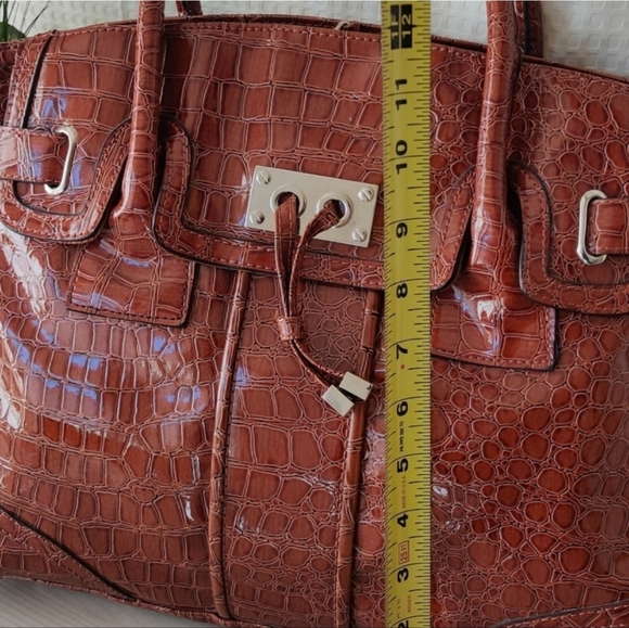New York & Co. Cognac Brown  Patent Crocodile stamp Print Handbag - Picture 11 of 12